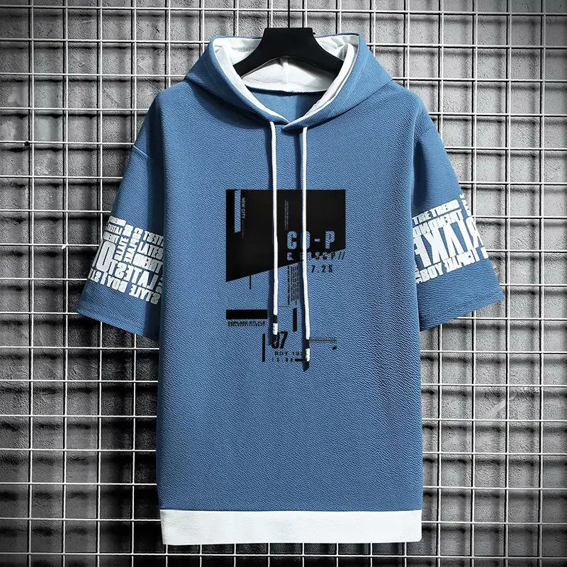 Japan Style Men's Hoodies Fashion Streetwear Short Sleeve Hooded Sweatshirts Men Casual Harajuku Prints Men Clothing Hoodies