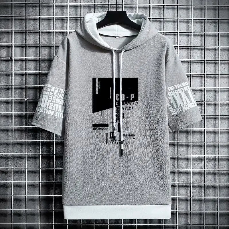 Japan Style Men's Hoodies Fashion Streetwear Short Sleeve Hooded Sweatshirts Men Casual Harajuku Prints Men Clothing Hoodies