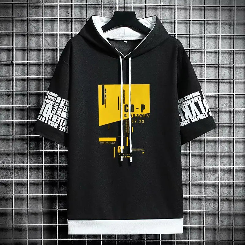 Japan Style Men's Hoodies Fashion Streetwear Short Sleeve Hooded Sweatshirts Men Casual Harajuku Prints Men Clothing Hoodies