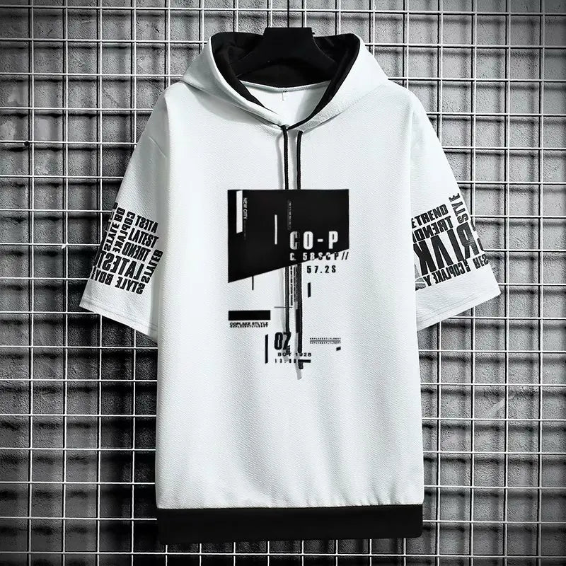 Japan Style Men's Hoodies Fashion Streetwear Short Sleeve Hooded Sweatshirts Men Casual Harajuku Prints Men Clothing Hoodies